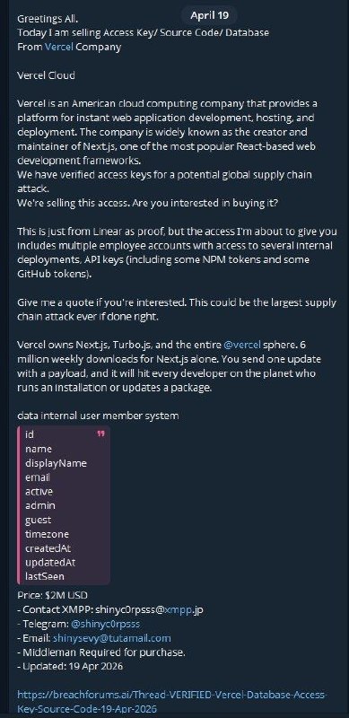 Vercel 内部系统遭黑客入侵，核心源码及敏感令牌被公开出售云托管平台 Vercel 确认内部系统遭遇未经授权访问，黑客组织 ShinyHunters 声称已获取其核心源代码及数据库访问权限
